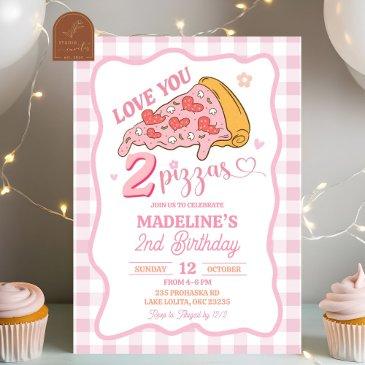 preppy pink love you two pizza party birthday invitation