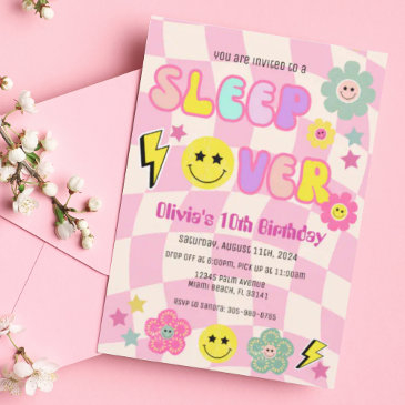 preppy pink y2k sleep over happy face birthday invitation