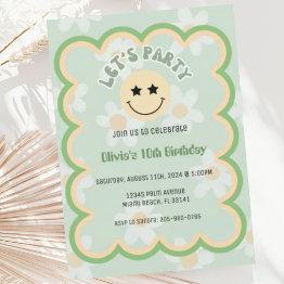Small Preppy Sage Green Y2k Happy Face Party Birthday Invitation Front View