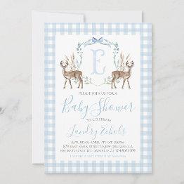 Small Preppy Southern Blue Boy Deer Hunter Baby Shower Invitation Front View