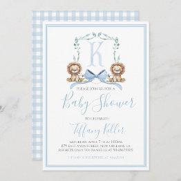 Small Preppy Southern Blue Boy Lion Baby Shower Invitation Front View
