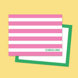Small Preppy Stripes Pink & Bright Green Cute Girly Note Invitations Front View