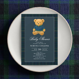 Small Preppy Teddy Bear Blue Baby Shower Invitation Front View