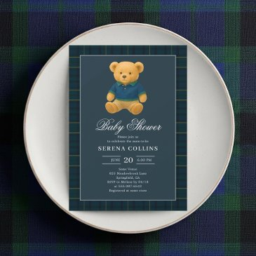 preppy teddy bear blue baby shower invitation