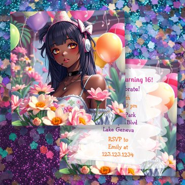 pretty anime girl of color personalized birthday invitation