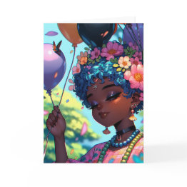 Small Pretty Black Anime Girl With Birthday Balloons Invitations Front View