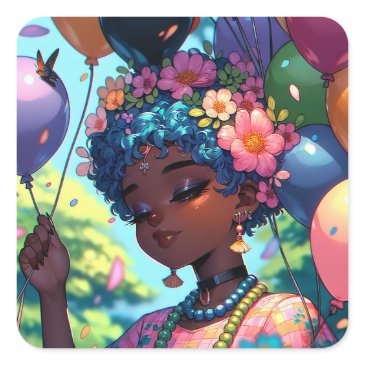 pretty black anime girl with birthday square sticker