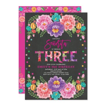 pretty floral fiesta senorita girl 3rd birthday invitation