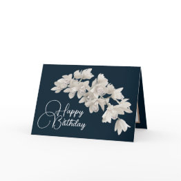 Small Pretty Floral Modern Orchid Flower Navy Birthday Invitations Front View