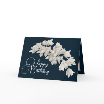 pretty floral modern orchid flower navy birthday invitations