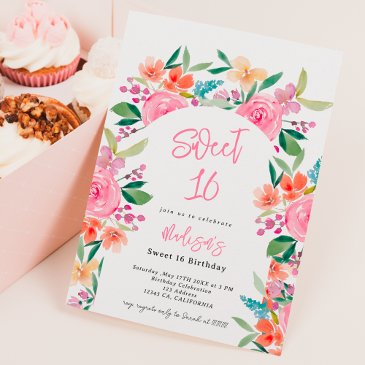 pretty garden floral watercolor arch sweet 16 invitation