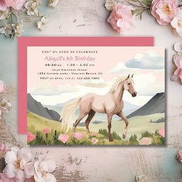 Small Pretty Horse, Flowers And Mountains Birthday Invitation Front View