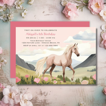 pretty horse, flowers and mountains birthday invitation