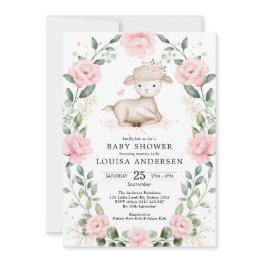 Small Pretty Lamb Pink Floral Wreath Girl Baby Shower Invitation Front View