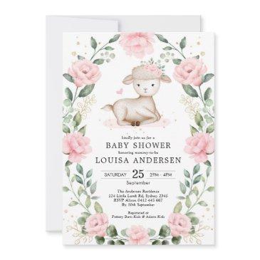 pretty lamb pink floral wreath girl baby shower invitation