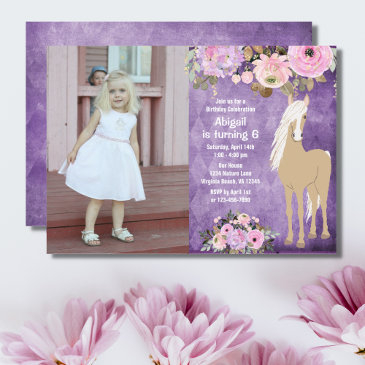 pretty pink and purple flower photo horse birthday invitation