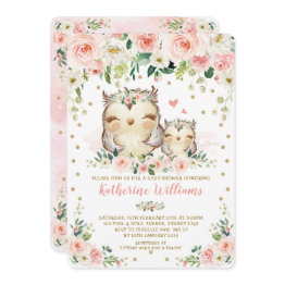 Small Pretty Pink Blush Floral Owl Girl Baby Shower Invitation Front View