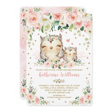 pretty pink blush floral owl girl baby shower invitation