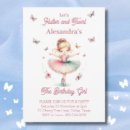 Small Pretty Pink Butterfly And Ballerina Birthday Party Invitation Front View