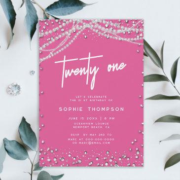 pretty pink diamonds pearls elegant 21st birthday invitation