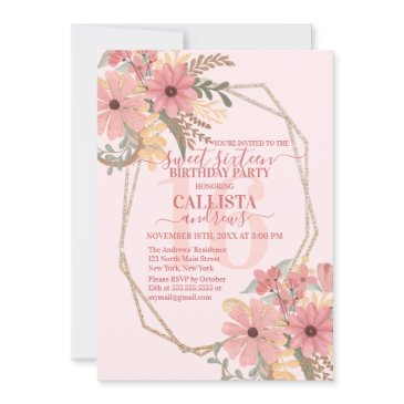 pretty pink painted flowers glitter frame sweet 16 invitation