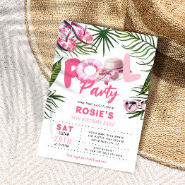 Small Pretty Pink Pool Party Girl Birthday Invitation Front View