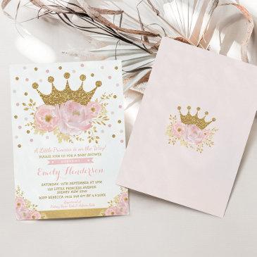 pretty princess gold crown pink floral baby shower invitation