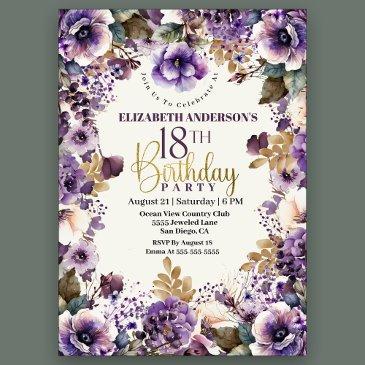 pretty purple floral 18th birthday invitation