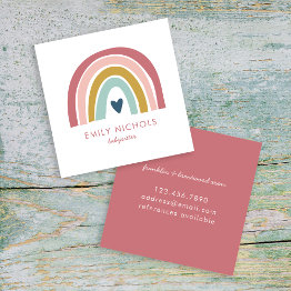 Small Pretty Rainbow Pink Navy Mustard Boho Babysitter Square Business Invitations Front View