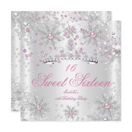 Small Pretty Sweet 16 Pink White Winter Wonderland Invitation Front View