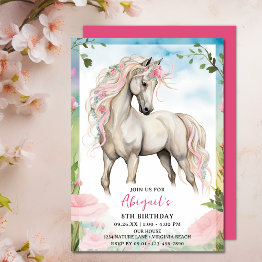 Small Pretty White Horse And Pink Flowers Birthday Invitation Front View