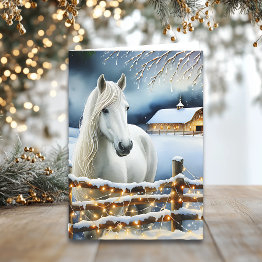 Small Pretty White Horse Farm Personalized Christmas Invitations Front View