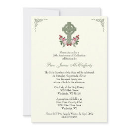 Small Priest Ordination Anniversary Celtic Cross Roses Invitation Front View