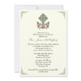 Small Priest Ordination Anniversary Celtic Cross Roses Invitation Front View