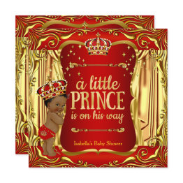 Small Prince Baby Shower Red Gold African American Invitation Front View