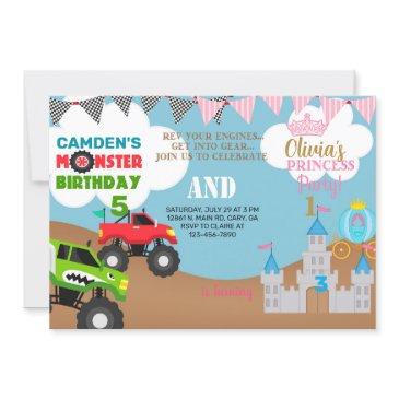princess and monster trucks siblings invitation. invitation