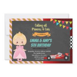 Small Princess And Race Car Joint Party Invitation Front View