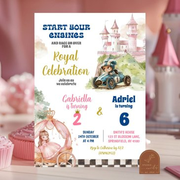 princess and racing car boy girl joint birthday invitation