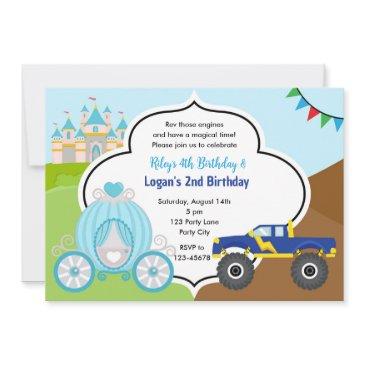 princess carriage & monster truck joint birthday invitation