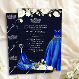 Small Princess Dress And Roses Blue Quinceanera Mass Invitation Front View