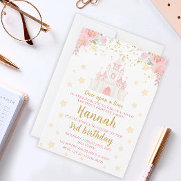 Small Princess Glitter Gold Castle Birthday Invitation Front View