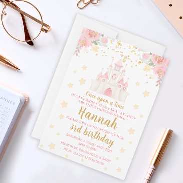 princess glitter gold castle birthday invitation