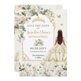 Small Princess Quinceañera Champagne Ivory Roses Dress Save The Date Front View