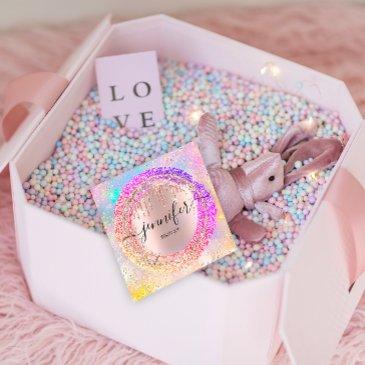 professional boutique shop glitter pink holograph square business invitations