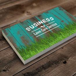 Small Professional Lawn Care & Landscaping Teal Wood Business Invitations Front View