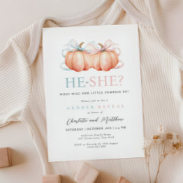 Small Pumpkin Bow Pink Blue Gender Reveal Invitation Front View