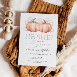 Small Pumpkin Bow Pink Blue Gender Reveal Invitation Front View
