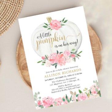 pumpkin pink gold floral fall girl baby shower invitation
