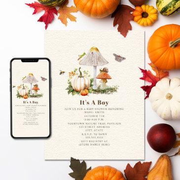 pumpkins mushroom woodland insects boy baby shower invitation