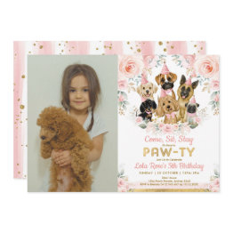 Small Puppy Dog Girl Birthday Party Blush Floral Photo Invitation Front View